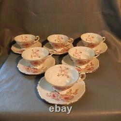 Set 6 MITTERTEICH Bavaria DOGWOOD Footed Tea Cup Saucer Gold Scalloped Embossed