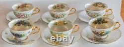 Set 6 Pearly Bone China Cups/Saucers with22K Gold Handles/Accents Signed K Mosher