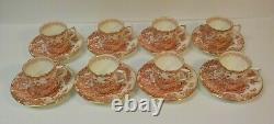 Set/8 Royal Crown Derby Porcelain RED AVES Demitasse Cups & Saucers, Gold Edge