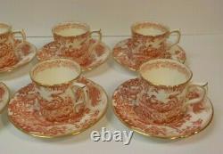 Set/8 Royal Crown Derby Porcelain RED AVES Demitasse Cups & Saucers, Gold Edge