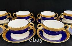 Set 8 Vintage Mintons China Cobal Blue Gold Encrusted Bullion Cups & Saucers