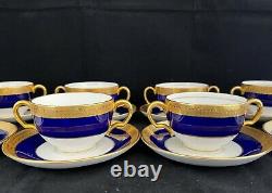 Set 8 Vintage Mintons China Cobal Blue Gold Encrusted Bullion Cups & Saucers