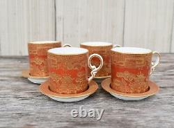 Set Four Antique 19th C W. T. Copeland Orange Gold Willow Demitasse Cup Saucer