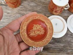 Set Four Antique 19th C W. T. Copeland Orange Gold Willow Demitasse Cup Saucer