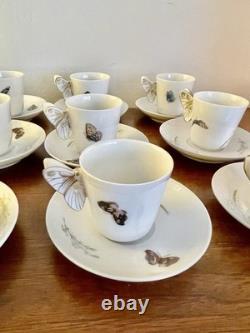 Set Of 12 Antique Butterfly Handle Haviland Limoges Cups Saucers HP w Gold Trim