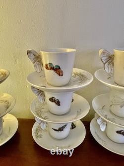 Set Of 12 Antique Butterfly Handle Haviland Limoges Cups Saucers HP w Gold Trim