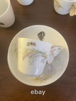 Set Of 12 Antique Butterfly Handle Haviland Limoges Cups Saucers HP w Gold Trim