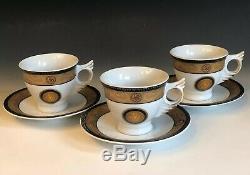 Set Of 3 Baroque Medusa Gold Black Espresso Cups & Saucers By Versace