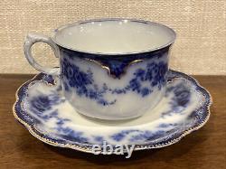 Set Of 4 Antique W. H. Grindley Florida Flow Blue Teacups & Saucers With Gold