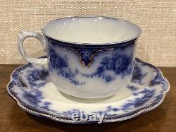 Set Of 4 Antique W. H. Grindley Florida Flow Blue Teacups & Saucers With Gold