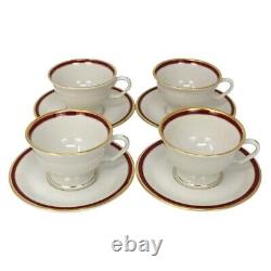 Set Of 4 Pickard Maroon Band With Gold Trim Teacup And Saucers