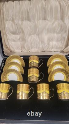 Set Of 6 Cauldon Gold & Yellow Antique Demitasse Cups & Saucers Silver Liners