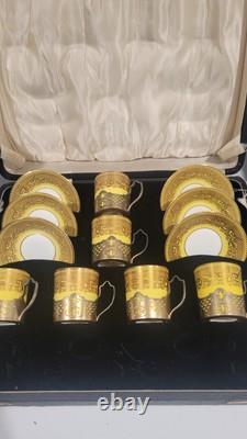 Set Of 6 Cauldon Gold & Yellow Antique Demitasse Cups & Saucers Silver Liners
