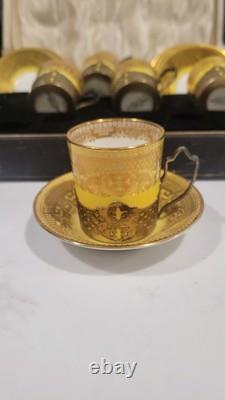 Set Of 6 Cauldon Gold & Yellow Antique Demitasse Cups & Saucers Silver Liners