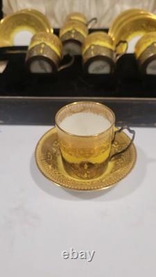 Set Of 6 Cauldon Gold & Yellow Antique Demitasse Cups & Saucers Silver Liners