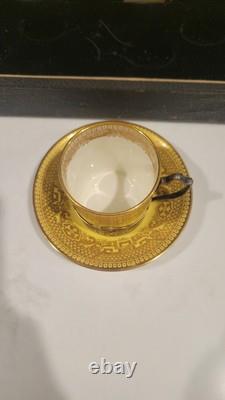 Set Of 6 Cauldon Gold & Yellow Antique Demitasse Cups & Saucers Silver Liners