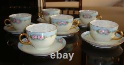 Set Of 6 Hand Painted Signed Bohemia Tea Coffee Cups & Saucers, Roses & Gold