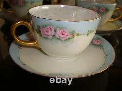 Set Of 6 Hand Painted Signed Bohemia Tea Coffee Cups & Saucers, Roses & Gold