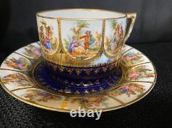 Set of 2 Antique Royal Vienna PORTRAIT Cobalt / Gold Cups & Saucers 2 1/2