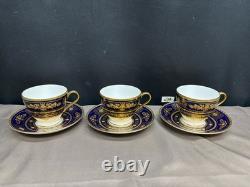 Set of 3 Minton ARGYLE Cobalt Blue Encrusted Gold Cups & Saucers 2 3/4