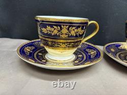 Set of 3 Minton ARGYLE Cobalt Blue Encrusted Gold Cups & Saucers 2 3/4