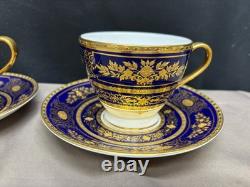Set of 3 Minton ARGYLE Cobalt Blue Encrusted Gold Cups & Saucers 2 3/4