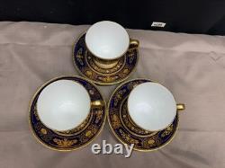 Set of 3 Minton ARGYLE Cobalt Blue Encrusted Gold Cups & Saucers 2 3/4