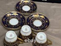 Set of 3 Minton ARGYLE Cobalt Blue Encrusted Gold Cups & Saucers 2 3/4