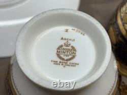 Set of 3 Minton ARGYLE Cobalt Blue Encrusted Gold Cups & Saucers 2 3/4