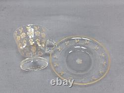 Set of 3 Moser Bohemian Gold Intaglio Engraved Pedestal Punch Cups & Saucers