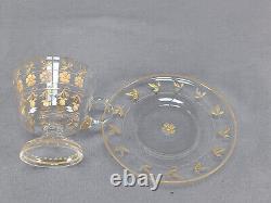 Set of 3 Moser Bohemian Gold Intaglio Engraved Pedestal Punch Cups & Saucers