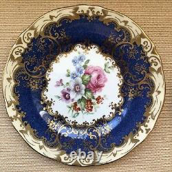 Set of 4 Antique Crown Staffordshire Blue & Gold Roses Demitasse Trios VGC