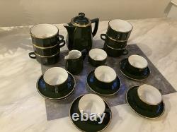 Set of 4 Apilco Green & Gold Large Tea/Coffee Cups and Saucers. Genuine Rare