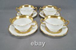 Set of 4 George Jones Crescent China Gold & White Bouillon Cups & Saucers
