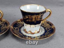 Set of 4 Haviland Limoges Gold Scrollwork & Cobalt Demitasse Cups & Saucers