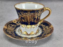 Set of 4 Haviland Limoges Gold Scrollwork & Cobalt Demitasse Cups & Saucers