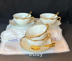 Set of 4 Haviland Limoges white & gold cups & saucers, Schleiger 216, 1900-1920