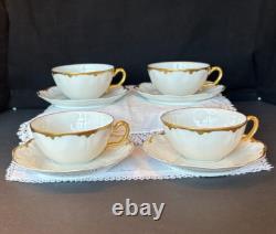 Set of 4 Haviland Limoges white & gold cups & saucers, Schleiger 216, 1900-1920