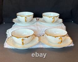 Set of 4 Haviland Limoges white & gold cups & saucers, Schleiger 216, 1900-1920