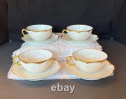 Set of 4 Haviland Limoges white & gold cups & saucers, Schleiger 216, 1900-1920