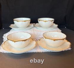 Set of 4 Haviland Limoges white & gold cups & saucers, Schleiger 216, 1900-1920
