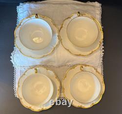 Set of 4 Haviland Limoges white & gold cups & saucers, Schleiger 216, 1900-1920