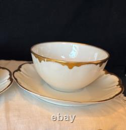 Set of 4 Haviland Limoges white & gold cups & saucers, Schleiger 216, 1900-1920
