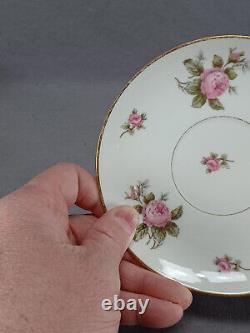 Set of 4 Limoges Pink Roses & Gold Tea Cups & Saucers Circa 1900-1941