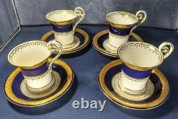 Set of 4 Mintons for Tiffany, Blue, White, Gold Gilded, Tea Cups/Saucers c. 1902
