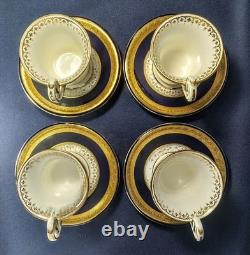 Set of 4 Mintons for Tiffany, Blue, White, Gold Gilded, Tea Cups/Saucers c. 1902