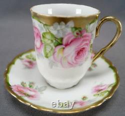 Set of 4 Moschendorf Pink Rose & Gold Gilt Chocolate Cups & Saucers C. 1900 30
