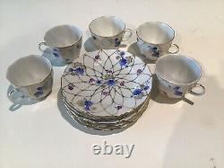 Set of 5 Lomonosov LFZ Coffee Cups & Saucers Floral pattern Gold & Cobalt Blue
