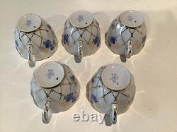 Set of 5 Lomonosov LFZ Coffee Cups & Saucers Floral pattern Gold & Cobalt Blue
