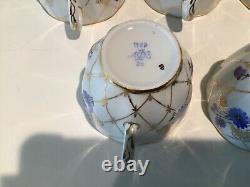 Set of 5 Lomonosov LFZ Coffee Cups & Saucers Floral pattern Gold & Cobalt Blue
